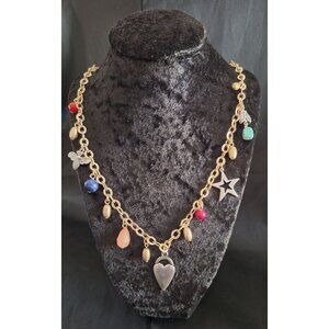 Chicos Gold-Tone Chain Link Beaded Charm Necklace W/ Heart & Star Accents